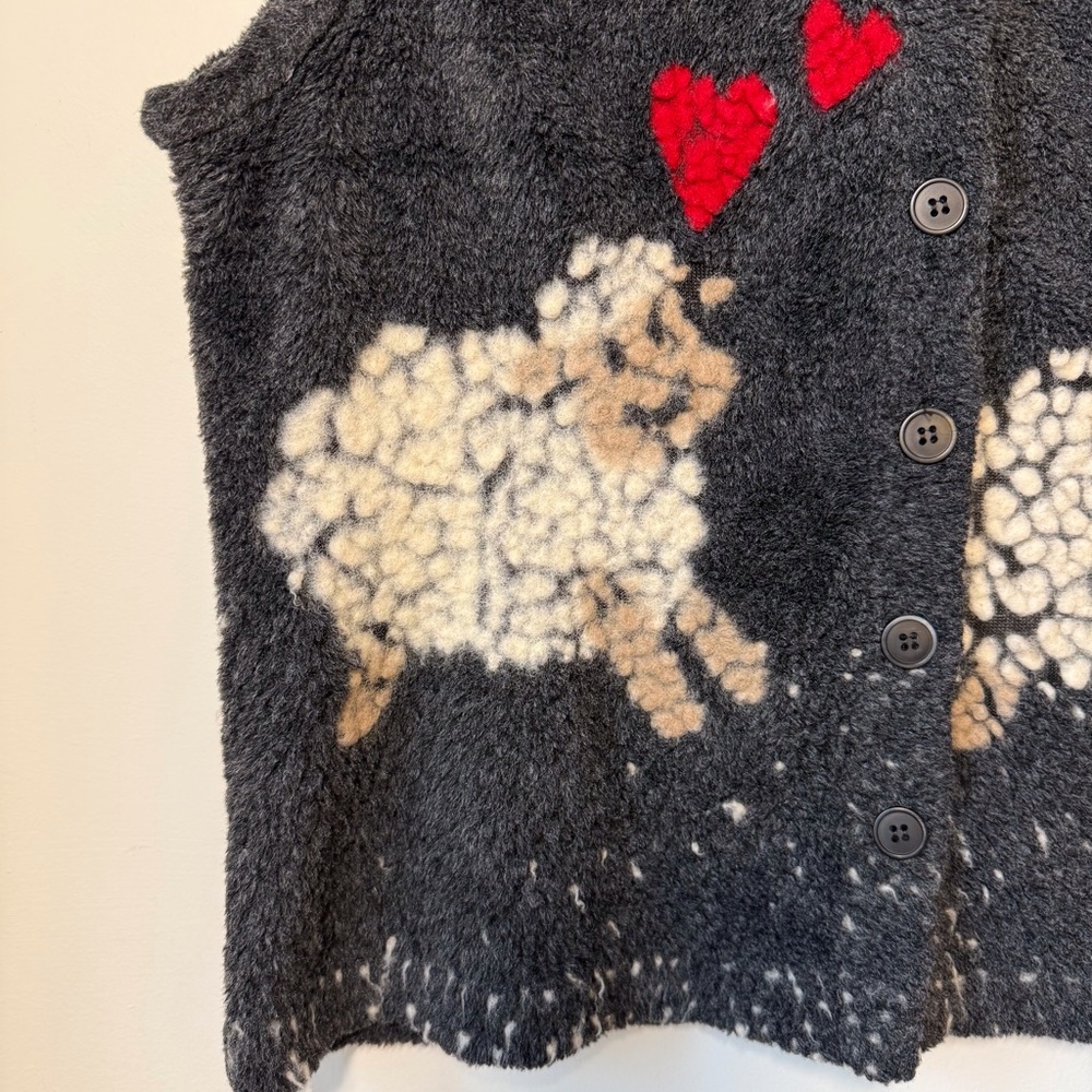 Artsy felted wool blend vest sheep hearts quirky art to wear layering country L - Picture 3 of 7